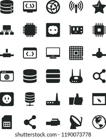 solid black flat icon set power socket type b vector, f, star, thumb up, screen, big data, server, processor, satellite dish, SIM card, connection, connections, scheme, cpu, pc, router, network