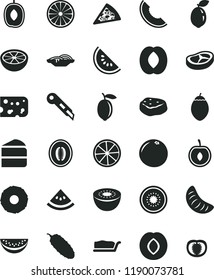 solid black flat icon set stationery knife vector, piece of cheese, pizza, slices onion, cake, slice, bacon, meat, cucumber, plum, melon, water, delicious, half peach, tangerine, cherry, lemon, kiwi