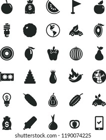 solid black flat icon set pennant vector, stacking toy, cabbage, cucumber, peper, pear, apricot, rose hip, water melon, slice of, mango, half, tasty plum, kiwi, part guava, tomato, hot pepper, onion