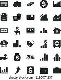 solid black flat icon set purse vector, bar chart, line, strongbox, coins, reverse side of a bank card, front the, column, dollar, financial item, catch coin, hand shake, money, cash, cashbox, gold