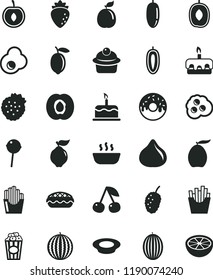 solid black flat icon set cake vector, muffin, torte, glazed with a hole, apple pie, hot porridge, plate of milk, Chupa Chups, French fries, fried potato slices, cup popcorn, egg, omelette, cherry