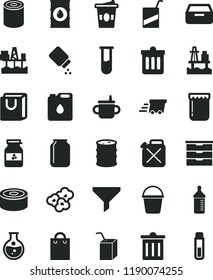 solid black flat icon set bin vector, storage unit, mug for feeding, measuring bottle, baby powder, e, packing of juice with a straw, bucket, dust, drawer, bag handles, canned goods, tin, popcorn