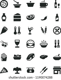 solid black flat icon set plates and spoons vector, plastic fork, iron, coffee, fried vegetables on sticks, pizza, piece of, big burger, cake, a bowl rice porridge, in saucepan, lettuce plate, bacon