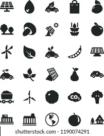 solid black flat icon set drop vector, porcini, cabbage, pear, mint, tangerine, yellow lemon, delicious apple, peas, broccoli, solar panel, big, leaves, leaf, windmill, wind energy, planet Earth
