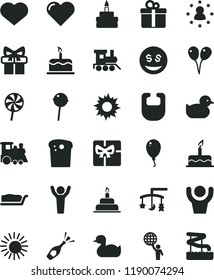 solid black flat icon set heart symbol vector, toys over the cradle, bib, rubber duck, baby duckling, toy train, children's, colored air balloons, balloon, cake, birthday, gift, Easter, slice, sun