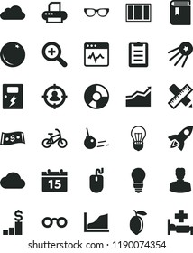 solid black flat icon set zoom vector, book, window frame, bulb, writing accessories, dangers, core, calendar, cardiogram, orange, lemon, woman, man in sight, dollar, ring diagram, mouse, printer