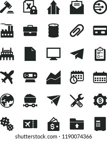 solid black flat icon set monitor vector, clip, briefcase, paper airplane, hammer of a judge, clean sheet, line chart, upload folder, small tools, received letter, survey, planet, barrel, factory