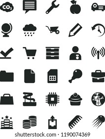 solid black flat icon set image of thought vector, folder, upload archive data, storage unit, comb, rainy cloud, building trolley, globe, suitcase, coins, muffin, chicken leg, peach, carbon dyoxide