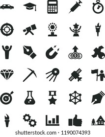solid black flat icon set flask vector, telescope, gears, satellite, magnet, graduate hat, calculator, growth graph, syringe, stopwatch, 3d cube, ink pen, flame torch, finger up, cup, star, target