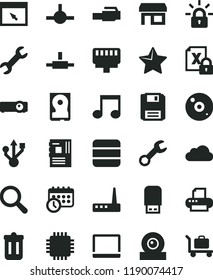 solid black flat icon set magnifier vector, star, stall, notebook pc, encrypting, motherboard, cpu, web camera, hdd, usb, router, cd, printer, flash, browser, connect, trash bin, floppy, projector