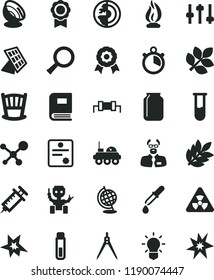 solid black flat icon set cradle vector, jar, test tube, molecule, nuclear, zoom, bulb, settings, book, pipette, globe, flame, scientist, drawing compass, earth core, medal, robot, sun panel, bang