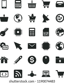 solid black flat icon set house vector, sign of the planet, laptop, graphite pencil, grocery basket, rss feed, upload folder, envelope, smartphone, drawer, cart, put in, SIM, shopping, dollar, mouse