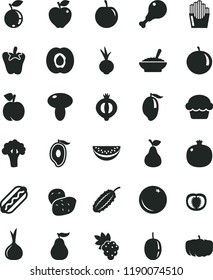 solid black flat icon set Hot Dog vector, mushroom, cake, a bowl of buckwheat porridge, chicken leg, peper, beet, fried potato slices, pear, orange, peach, half apricot, pomegranate, grape, medlar