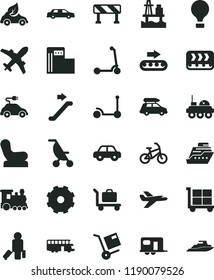 solid black flat icon set truck lorry vector, cargo trolley, Baby chair, summer stroller, motor vehicle, Kick scooter, child, traffic signal, shipment, sea port, modern gas station, conveyor, train