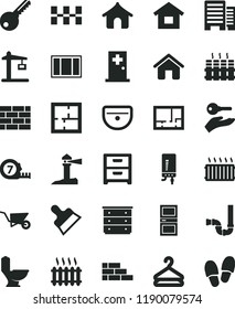 solid black flat icon set chest of drawers vector, house, dwelling, brickwork, brick wall, building trolley, window frame, long meashuring tape, sink, toilet, siphon, laying out, lay flat, key