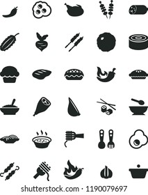 solid black flat icon set deep plate with a spoon vector, plastic fork spoons, sausage, canned goods, fried vegetables on sticks, slices of onion, spaghetti, noodles, cake, pie, apple, in saucepan