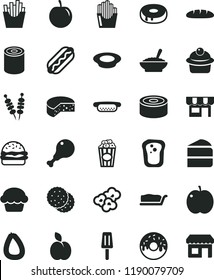 solid black flat icon set kiosk vector, stick of sausage, cheese, loaf, canned goods, tin, fried vegetables on sticks, Hot Dog, mini, burger, cake, muffin, piece, slice, with a hole, glazed, popcorn