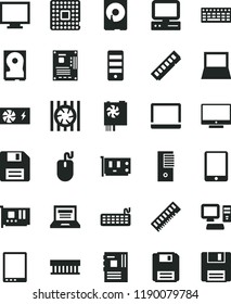 solid black flat icon set floppy disk vector, laptop, monitor, screen, processor, computer, tablet pc, notebook, radiator fan, mouse, keyboard, power supply, tower, motherboard, memory, card, hdd