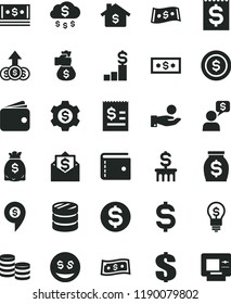solid black flat icon set purse vector, dollar, coins, column of, denomination the, article on, financial item, catch a coin, wallet, money, dollars, cash, bag hand, rain, mortgage, pedestal, gear