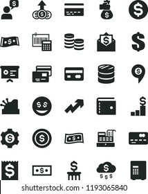 solid black flat icon set bank card vector, purse, growth up, dollar, calculation, cards, reverse side of a, front the, coins, column, financial item, cash machine, cashbox, report, money bag hand