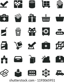 solid black flat icon set cargo trolley vector, grocery basket, first aid kit, medical bag, e, packing of juice with a straw, box bricks, drawer, strongbox, cardboard, gift, package, shipment, tin