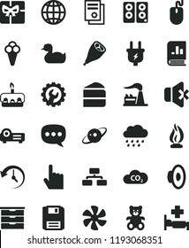 solid black flat icon set loudspeaker vector, storage unit, rubber duck, rainy cloud, teddy bear, gear, index finger, earth, flowchart, no sound, piece of cake, torte, grill chicken leg, cone, plug