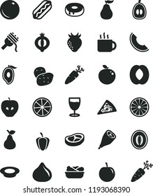 solid black flat icon set piece of pizza vector, Hot Dog, spaghetti, cake with a hole, lettuce in plate, milk, grill chicken leg, bacon, carrot, cup tea, glass, pear, orange, tasty apple, strawberry