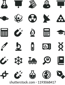 solid black flat icon set planet vector, round flask, radiation hazard, magnet, test tube, microscope, atom, nuclear, dna, book, pipette, oscilloscope, flame, scientist, graduate hat, calculator