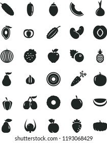 solid black flat icon set cucumber vector, blueberries, strawberries, a pineapple, peach, pear, red apple, plum, raspberry, tasty cornels, water melon, slice of, half mango, date fruit, kiwi, tomato