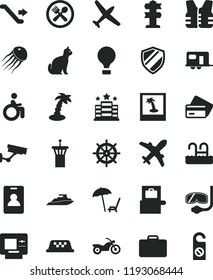 solid black flat icon set plane vector, camper, taxi, air balloon, motorcycle, airport tower, escalator, identity card, suitcase, baggage scanner, atm, credit, arnchair under umbrella, palm tree