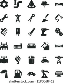 solid black flat icon set hook vector, cogwheel, building trowel, adjustable wrench, cordless drill, hand saw, construction level, helmet, brick, spatula, electronic boiler, coal mining, gas station