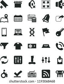 solid black flat icon set laptop vector, add bookmark, keyboard, renewal, silent mode, rss feed, upload archive data, calculation, bell, flag, smartphone, regulator, no sound, T shirt, phone call