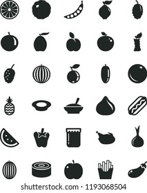 solid black flat icon set canned goods vector, Hot Dog, a bowl of buckwheat porridge, plate milk, chicken, cabbage, peper, French fries, jam, pineapple, apple, orange slice, quince, fig, blueberry