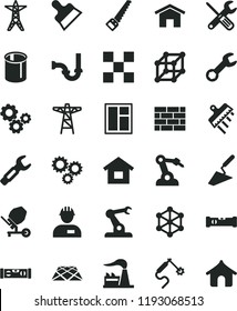 solid black flat icon set dwelling vector, workman, brickwork, trowel, concrete mixer, window, small tools, arm saw, sewerage, construction level, building, tile, putty knife, spatula, pavement