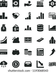 solid black flat icon set bank card vector, bar chart, negative, calculation, case, drawer, strongbox, coins, column of, catch a coin, hand shake, purse, dollars, cash, engineer calculator, machine