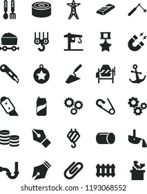 solid black flat icon set open pin vector, iron fork spoons, crane, hook, winch, trowel, concrete mixer, sewerage, knife, stationery, new radiator, anchor, clip, canned goods, soda can, power line