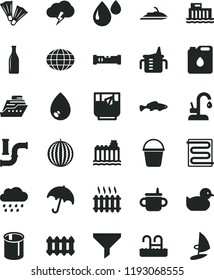 solid black flat icon set mug for feeding vector, measuring cup, baby duckling, rainy cloud, bucket, construction level, heating coil, new radiator, kitchen faucet, drop, umbrella, storm, small fish