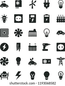solid black flat icon set lightning vector, matte light bulb, incandescent lamp, concrete mixer, cordless drill, power socket type f, dangers, radiator, electronic boiler, charging battery, pole