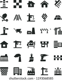 solid black flat icon set wicker pot vector, crane, tower, house, dwelling, hook, building trolley, concrete mixer, cordless drill, wooden paint brush, ladder, buildings, city block, tile, spatula