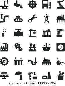 solid black flat icon set tower crane vector, cordless drill, sewerage, power socket type b, buildings, plummet, star gear, core, sea port, solar panel, working oil derrick, valve, water pipes, line
