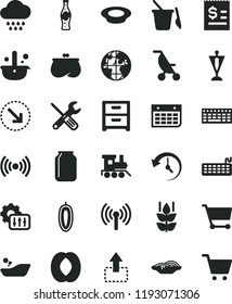 solid black flat icon set summer stroller vector, children's bathroom, cloud, sand set, baby toy train, small tools, nightstand, move up, right bottom arrow, slices of onion, a plate milk, mint, jar