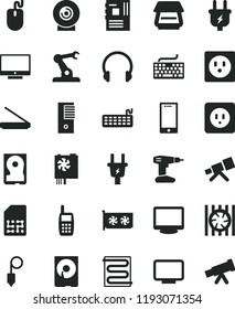 solid black flat icon set keyboard vector, drill, power socket type b, plummet, heating coil, headphones, screen, smartphone, lens, plug, electric, assembly robot, SIM, mobile phone, radiator fan