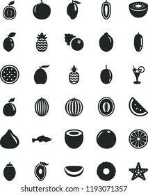 solid black flat icon set small fish vector, blueberries, a pineapple, orange slice, fig, melon, water, mango, half of, loquat, date fruit, passion, sweet, lime, kiwi, tamarillo, sour, guava, guawa