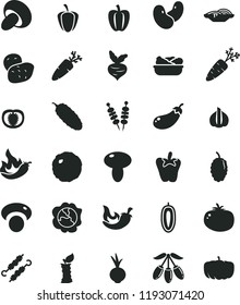 solid black flat icon set fried vegetables on sticks vector, slices of onion, mushroom, porcini, lettuce in a plate, meat skewers, cabbage, cucumber, tomato, chili, peper, beet, carrot, squash, half