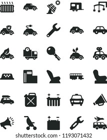 solid black flat icon set horn vector, toys over the cot, Baby chair, car child seat, summer stroller, motor vehicle, present, key, delivery, big solar panel, modern gas station, accumulator, eco