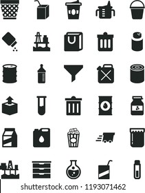 solid black flat icon set wicker pot vector, bin, storage unit, measuring cup for feeding, bottle, powder, baby, e, packing of juice with a straw, bucket, dust, bag handles, package, unpacking, tin