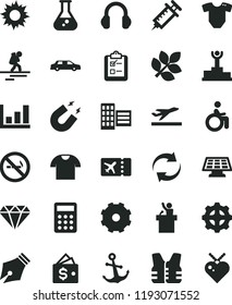 solid black flat icon set truck lorry vector, renewal, t short, city block, anchor, survey, shirt, gear, calculator, headphones, flask, magnet, growth graph, sun panel, biology, syringe, ink pen