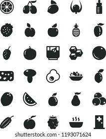 solid black flat icon set feeding bottle vector, piece of cheese, mushroom, hot porridge, a plate fruit, glass tea, fried egg, strawberries, pineapple, apple, orange slice, honeycombs, ripe peach