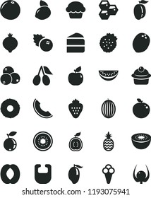 solid black flat icon set bib vector, cake, muffin, piece of, cone, blueberries, strawberry, strawberries, a pineapple, honeycombs, apricot, cornels, medlar, blueberry, melon, slice, mango, water