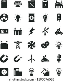 solid black flat icon set power socket type b vector, lightning, boiler, coffee beans, marine propeller, charging battery, coal mining, modern gas station, windmill, wind energy, oil, barrel, bulb